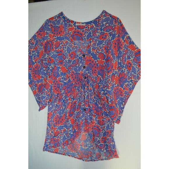 Karlie Floral Top Blouse Shirt Loose Kimono SS Large Button Front Drawstring - Picture 2 of 13